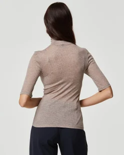 Maglia rib manica corta collo alto in modal cashmere a costine